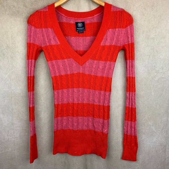 American Eagle Outfitters Pink and Orange Color Block V Neck Sweater I Women's X - Picture 2 of 7
